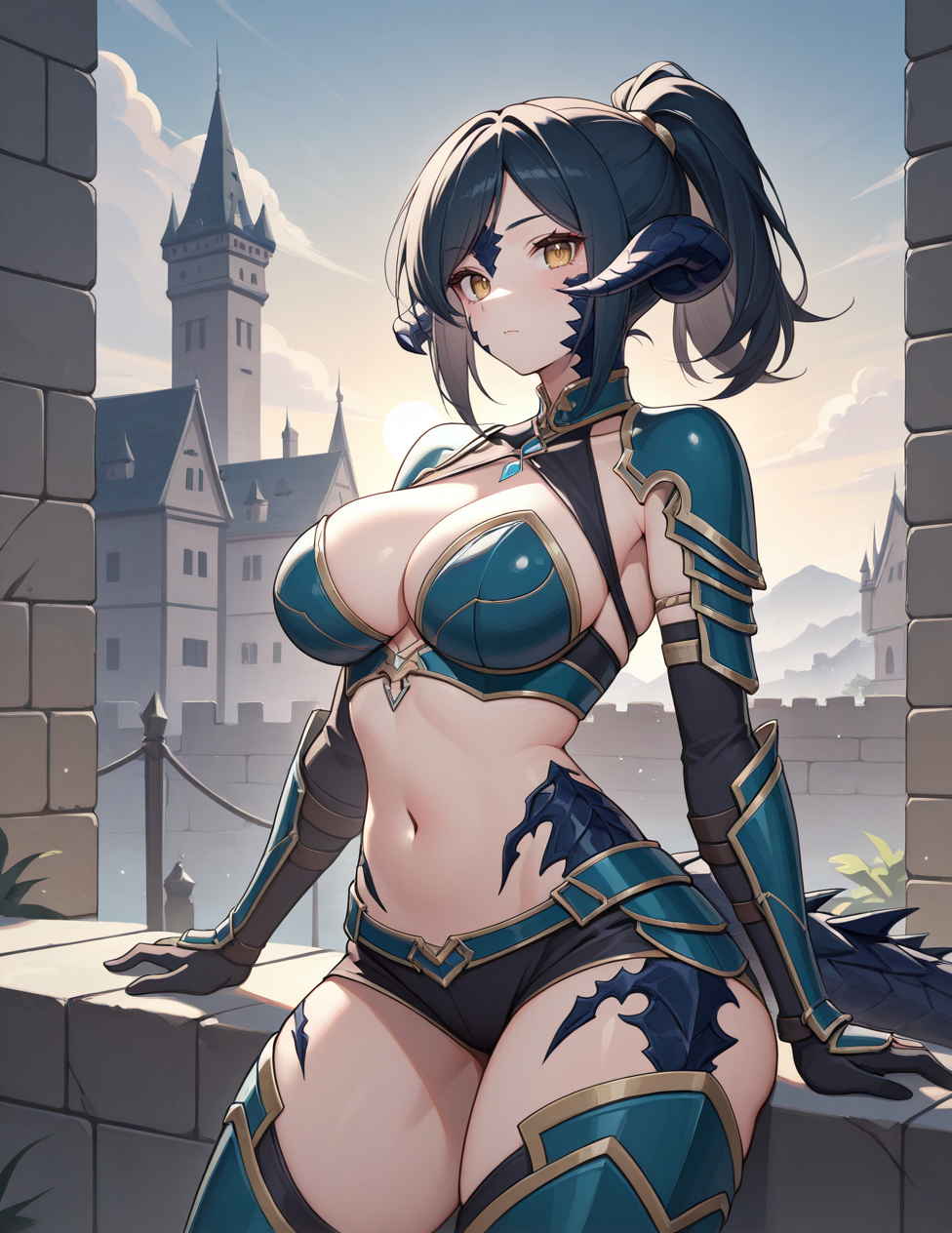 (masterpiece, best quality, ultra detailed, 8k, 4k, hi res, absurdres:1.3), (detailed texture lighting, detailed surface lighting) BREAK outdoors, castle, castle parapet, sky, clouds BREAK
1girl, anthro, female Au Ra standing on top of a castle wall leaning on the side, looking at viewer, dragon armor, midriff, cleavage