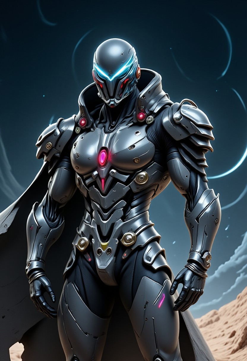 Space Ranger, Futuristic Tactical Armor, High-Tech Bow, Weathered Cloak, Starry Sky, Alien Landscape, Distant Planets, Glowing Tech Symbols, Cosmic Backdrop, Focused, Expression, Battle-Hardened, Mysterious Atmosphere, White and Red armor
