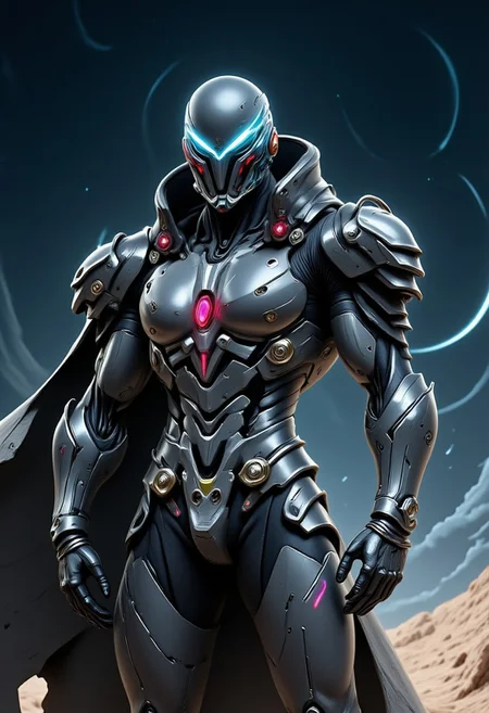Space Ranger, Futuristic Tactical Armor, High-Tech Bow, Weathered Cloak, Starry Sky, Alien Landscape, Distant Planets, Glowing Tech Symbols, Cosmic Backdrop, Focused, Expression, Battle-Hardened, Mysterious Atmosphere, White and Red armor