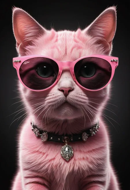 (best quality, 8K, high resolution, masterpiece), ultra detailed, (3D CGI), a beautiful pair of sunglasses, trendy, fashionable, pink, silver and black stylized Cat-eye shape, on a black background, countryside advertising, winning photo,