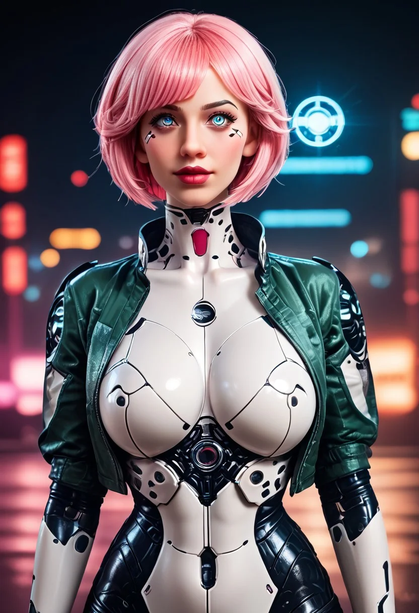score_9, score_8_up, score_7_up, Raw Photo, Portrait, cute android girl, black android, glossy blue, seductive, innocent, light smile:0.3, plump lips, artificial silicone face, artificial silicone skin, panel lines visible in skin, symmetrical , slender body, wearing pink science fiction clothes, hands, breathtaking grandeur, LED internal lighting, cyberpunk style, pale pink wig, large glowing blue glass eyes, cyborg, full moon, dystopian futuristic city background, depth of field, dynamic angle, photo realistic:1.4, realistic skin:1.4, fashion photography, sharp, analog film grain, hyperdetailed:1.15
cinematic film still, shallow depth of field, vignette, highly detailed, high budget, bokeh, cinemascope, moody, epic, gorgeous, film grain, grain
cyborg bodysuit,science fiction, Robot Girl, Robogirl
silicone,s3xd0ll,large breasts,looking at viewer,blue eyes
ruanyi0812,white bodysuit,skin tight mint green jacket,open jacket