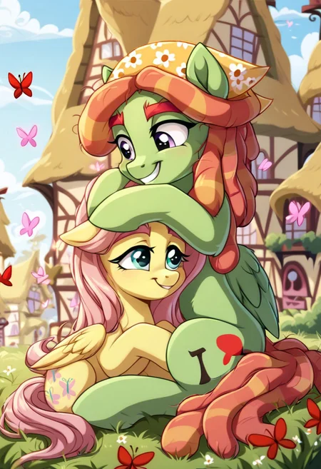 score_9, score_8_up, score_7_up, score_6_up, score_5_up, score_4_up, derpibooru_, my little pony, (tree hugger, light green fur, vermillion dreads:1.5), (Fluttershy light pink hair, yellow fur), ((feral pony)), 2girl, ((duos)) (cute pony face), (ponyville background:1.5), (yellow and pink butterflies:1.5), (pegasus pony), (looking at each other), (soft smile), (detailed hair:1.2), (hugging:1.2), half open wings, (sitting on grass:1.5), (red butterflies:1.5)