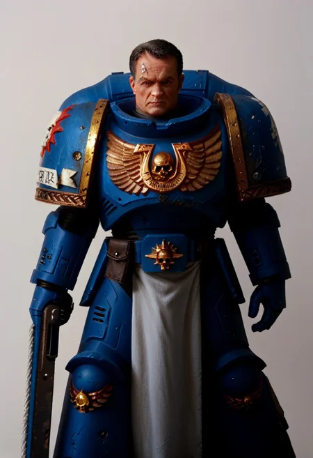 <lora:WH40K_Titus-PONY:0.9> whtitus, mature male, facial scar, black hair, black eyes, solo, ultramarine, emblem, pelvic curtain, pauldrons, power armor, cowboy shot, white background, absurdres, score_9_up, score_8_up, score_7_up, score_6_up, score_5_up, score_4_up, Source: Warhammer40K, chainsword