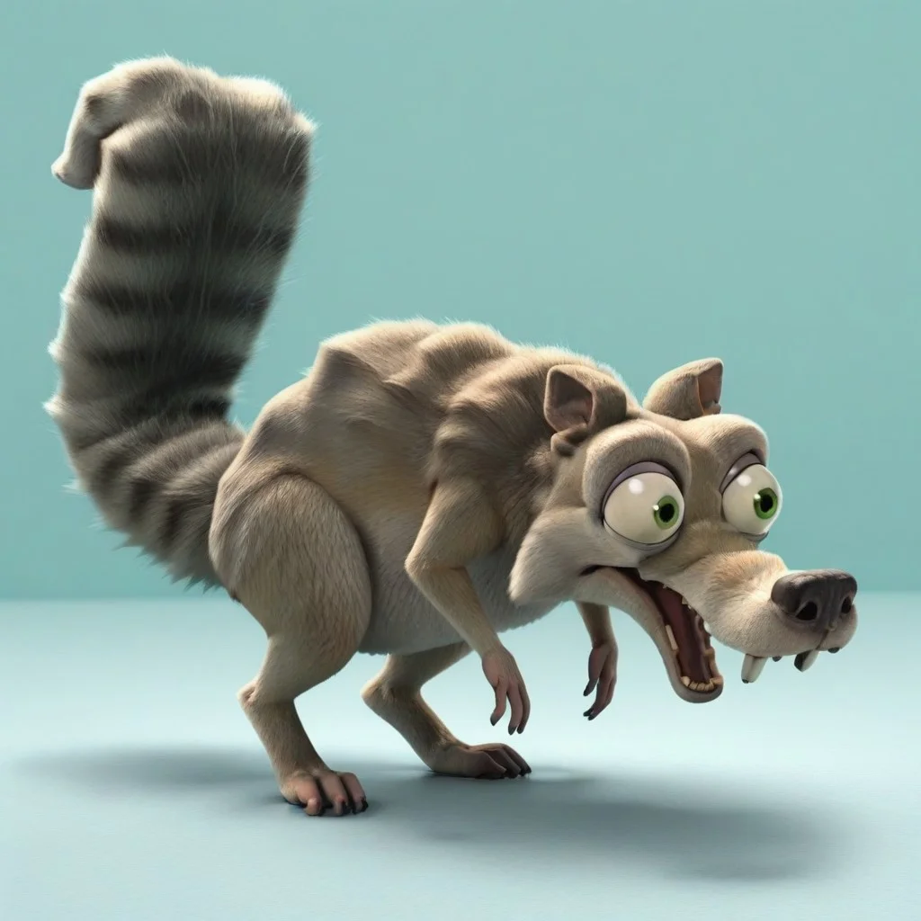 animal focus, animal, no humans, feral, furry,
Scrat, long snout, bushy tail, bulging eyes, striped tail,