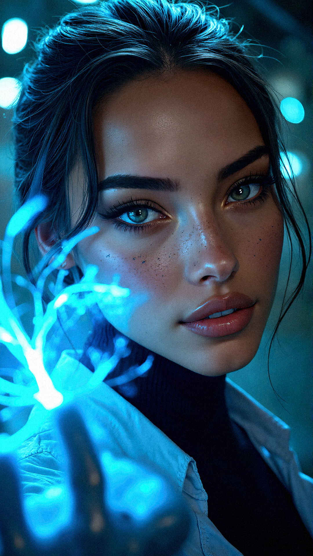 Freckled Woman with Electric Blue Energy, Mysterious Power Awakening, Head tilted slightly to the left, a soft, curious smile forming.



Extreme emphasize on photorealistic, realistic detail, realistic reflection detail and realistic background detail. 















