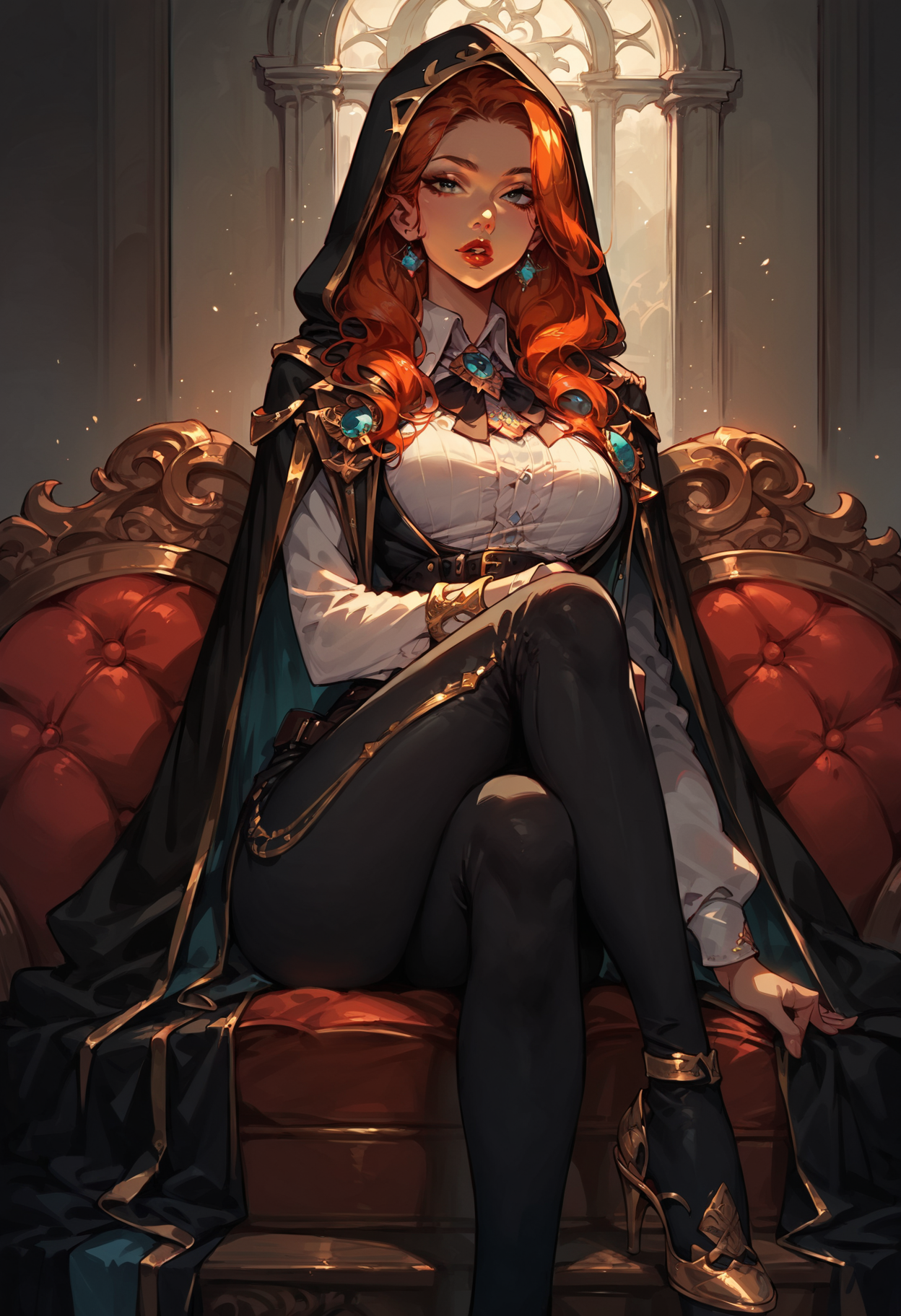 score_9, score_8_up, score_8. score_9, score_8_up, score_7_up, score_6_up, 1girl, solo, orange hair, belt, long hair, looking at viewer, breasts, hood, cape, shirt, white shirt, collared shirt, hood up, long sleeves, parted lips, pants, black pants, indoors, brooch, book, gold trim, red lips, hooded cape, jewelry, black cape, lips, gem, large breasts, high heels, sitting on couch, crossed legs, full body shot, Expressiveh, g0thicPXL, Concat/BREAK <lora:Broken_Covenant_Miss_Fortune-000005.safetensors:0.6:0.6> <lora:Concept SDXL\Expressive_H-000001.safetensors:0.8:0.8> <lora:Concept SDXL\incase_style_v3-1_ponyxl_ilff.safetensors:0.6:0.6> <lora:Concept SDXL\Vixon's Pony Styles g0th1cPXL.safetensors:0.55:0.55> <lora:QOL SDXL\zy_AmateurStyle_v2.safetensors:0.75:0.75>