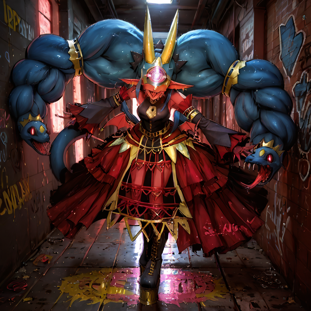 score_9, score_8_up, score_7_up,rating_safe,1girl,solo,medusamon,single eye,shirt,dress,detached sleeves,low wings,solo , energetic Pose, jumping, one_hand_raised, mind control, empty eyes, half-closed eyes, torogao,  nose blush, full body, <lora:MedusamonPony:1>  in a dark tunnel, graffiti,  ,photo,DLSR,HDR, zPDXLrl