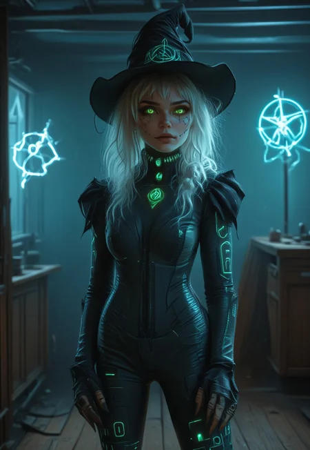 by Ian McQue and Sam Spratt,  <lora:EnvyStudioPortraitXL01:0.35>, witch in XXVIII century,  leu_hanna2, 25 yo, 1 woman, white messy long hair, pale white skin, (hazel glowing eyes), looking to viewer, curious smile, black and green metallic HALLOWEEN catsuit with celtic runes, black and green witch hat, black choker, holding an wooden wand forming an spell with a glowing blue rune, background window night sky, indoor futuristic cabin of space ship, neon lights, enhanced shadows, dynamic black shadows, spooky vibe, magic aura, futuristic atmosphere, mad-cyberspace, detailxl