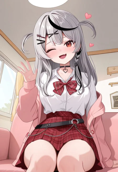 masterpiece, best quality, amazing quality, very aesthetic, high resolution, ultra-detailed, absurdres, newest, scenery, (cartoon), parody, sc1, sakamata chloe, virtual youtuber, solo, 1girl, grey hair, black hair, multicolored hair, streaked hair, long hair, bangs, red eyes, fang, hair ornament, x hair ornament, hairclip, shirt, white shirt, bow, red bow, plaid skirt, skirt, plaid, red skirt, bowtie, collared shirt, black choker, long sleeves, belt, jacket, open jacket, bedroom, looking at viewer, sitting on couch, view from below, hand sign, wink, floating heart, cute, open mouth
