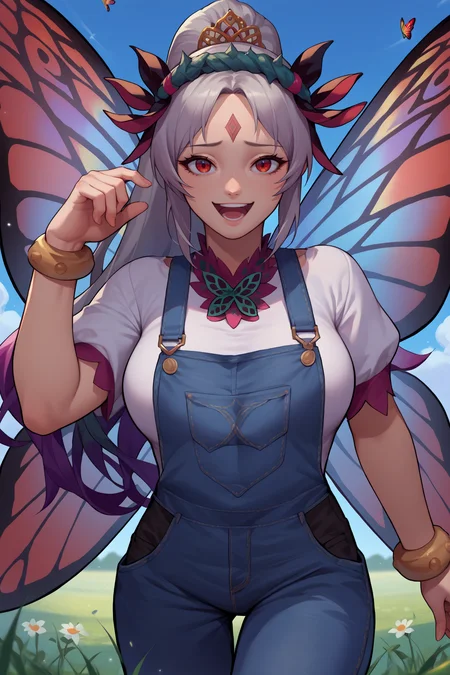 score_9, score_8_up, score_7_up, score_6_up, source_anime, 1girl, solo,  <lora:feplumeria-pdxl-nvwls-v1-000005:1> defPlu, grey hair, ponytail, red eyes, forehead mark, hairband, tiara, butterfly wings, large breasts, white shirt, denim, overalls, looking at you, smile, blue sky, field, farm, happy, open mouth