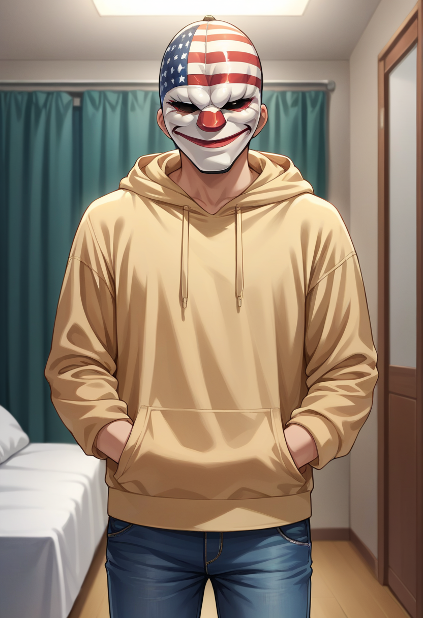 score_9, score_8_up, source_anime, 1boy, solo, DallasPD, mask, indoors, jeans, hoodie, hands in pockets, <lora:epoch-000014:1>