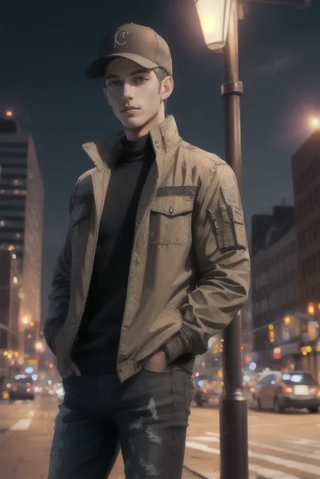 (masterpiece, best quality, high quality, highres, ultra-detailed), city, scenery, night, building, sign, cityscape, pantyhose, skyscraper, street lights,
solo, 1boy, gray eyes, short Crew Cut, sand blonde hair, triangular face, looking at viewer, outdoors, hands in pockets, khaki jacket, black loose jeans, black baseball cap,
AS-Adult, Asian-Less, OverallDetail,