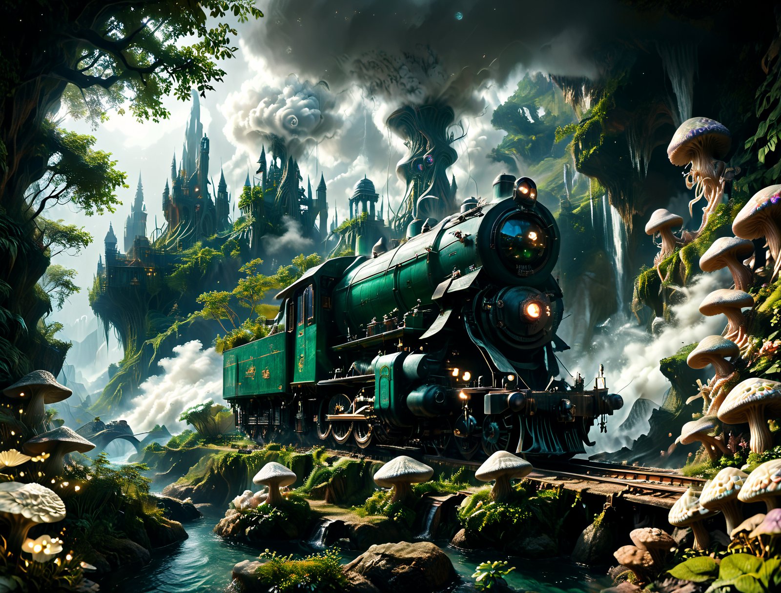 a hyper-realistic photograph of a vintage steam locomotive rides on rails on a bridge and blows smoke from a steam pipe near the (((serpentine tower))) piercing the sky on a mist-shrouded, alien world, surrounded by a lush, dense emerald forest teeming with life. Incorporate intricate scales on the tentacles, vibrant colors of the flora, and a subtle, creepy glow emanating from the tower. (((Corals))) and (((sea sponges))) grow between ((twisted creepy trees)) and the (((bushes of tentacles with eyes))) and ((huge twisted wispy dark mushrooms)) and (((strange plants with many eyes))). Clouds of fog are spreading across the ground, ((blue sparkling fireflies)) are flying in the fog over the stream. Capture the late evening atmosphere with a setting emerald sun casting a warm, emerald light, and a few wispy galaxies scattered across the deep purple sky. Add a touch of mystery by including faint, starry constellations and a distant nebula. The long shot perspective should emphasize the tower's ominous presence, making this image a haunting addition to any dark fantasy or horror concept art collection. 16k, scenery, (long shot:1.5),
<lora:000_detailed_notrigger:1>
<lora:sinfully_stylish_SDKL:1> sinfully, dark dramatic lighting, shadows,
<lora:DonM3t3rn1tyXL-v1.1:0.51> DonM3t3rn1tyXL,
<lora:zavy-ndrwtr-sdxl:0.15> zavy-ndrwtr, (((Corals))), (((sea sponges))),
<lora:Pandora Land XL:0.75> PandoraLnd
<lora:MJ52:0.8> detailed, realistic, photo, cinematic, photography,
<lora:SDXLFaeTastic2400:1> realistic,
<lora:DetailMaximizer:0.72> photo, detailmaximizer,
 <lora:Steam_Engine_Train_-_Locomotive:0.45> steam engine train, locomotive, smokestack, railroad tracks, smoke, 
score_9, score_8_up, score_7_up, insanely detailed, (detailed body), (high detailed), better color correction, bright color correction, improved light, beautifull, (Ultraealistic), (cinematic quality:1.5), 16k, best quality, cinematic realism, ultra detailed cinematic style, human view, high-quality, best quality, cinematic realism, <lora:MidjourneyV6.1:0.7> midjourneyv6.1,