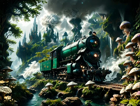 a hyper-realistic photograph of a vintage steam locomotive rides on rails on a bridge and blows smoke from a steam pipe near the (((serpentine tower))) piercing the sky on a mist-shrouded, alien world, surrounded by a lush, dense emerald forest teeming with life. Incorporate intricate scales on the tentacles, vibrant colors of the flora, and a subtle, creepy glow emanating from the tower. (((Corals))) and (((sea sponges))) grow between ((twisted creepy trees)) and the (((bushes of tentacles with eyes))) and ((huge twisted wispy dark mushrooms)) and (((strange plants with many eyes))). Clouds of fog are spreading across the ground, ((blue sparkling fireflies)) are flying in the fog over the stream. Capture the late evening atmosphere with a setting emerald sun casting a warm, emerald light, and a few wispy galaxies scattered across the deep purple sky. Add a touch of mystery by including faint, starry constellations and a distant nebula. The long shot perspective should emphasize the tower's ominous presence, making this image a haunting addition to any dark fantasy or horror concept art collection. 16k, scenery, (long shot:1.5),
<lora:000_detailed_notrigger:1>
<lora:sinfully_stylish_SDKL:1> sinfully, dark dramatic lighting, shadows,
<lora:DonM3t3rn1tyXL-v1.1:0.51> DonM3t3rn1tyXL,
<lora:zavy-ndrwtr-sdxl:0.15> zavy-ndrwtr, (((Corals))), (((sea sponges))),
<lora:Pandora Land XL:0.75> PandoraLnd
<lora:MJ52:0.8> detailed, realistic, photo, cinematic, photography,
<lora:SDXLFaeTastic2400:1> realistic,
<lora:DetailMaximizer:0.72> photo, detailmaximizer,
 <lora:Steam_Engine_Train_-_Locomotive:0.45> steam engine train, locomotive, smokestack, railroad tracks, smoke, 
score_9, score_8_up, score_7_up, insanely detailed, (detailed body), (high detailed), better color correction, bright color correction, improved light, beautifull, (Ultraealistic), (cinematic quality:1.5), 16k, best quality, cinematic realism, ultra detailed cinematic style, human view, high-quality, best quality, cinematic realism, <lora:MidjourneyV6.1:0.7> midjourneyv6.1,