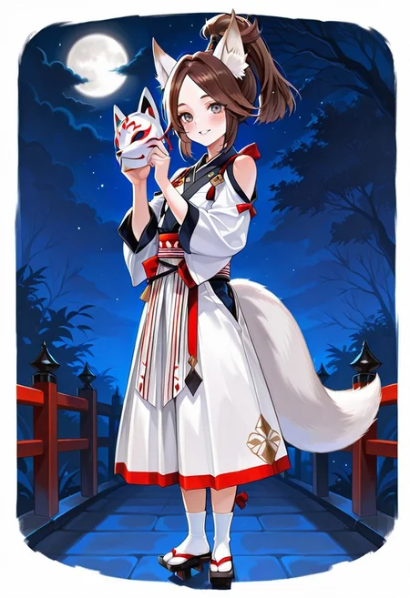 ace (seven knights), whitefox, white fox ears, white fox tail, long hair, ponytail, brown hair, parted bangs, grey eyes, blush, smile, parted lips, shoulder cutout, white hakama, white socks, geta, holding fox mask, full body, solo, night, halloween theme