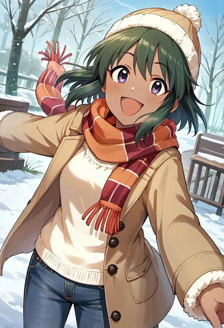score_9, score_8_up, score_7_up, source_anime, natalia, short hair, dark-skinned female, dark skin, purple eyes, green hair, 1girl, scarf, solo, winter clothes, smile, open mouth, hat, coat, looking at viewer, denim, snow, jeans