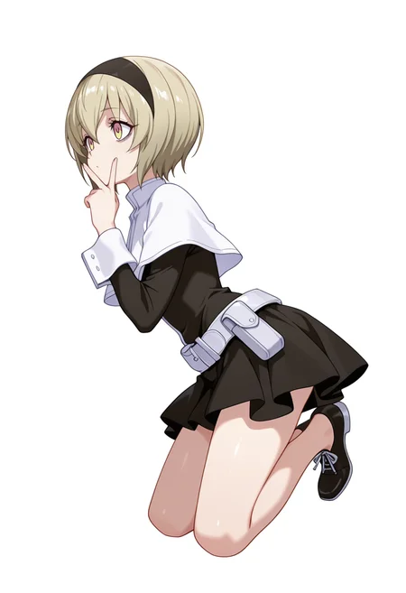 Smooth Quality,masterpiece,very intricate, high quality details, ultra realistic, high detailed skin,detailed enviorement,absurdres,
v over mouth,
 <lora:Pekora_CNR:0.8> pekora_cnr, 1girl, blonde hair, short hair, bangs, yellow eyes, multicolored eyes, shiny hair black hairband,bags under eyes,pekora_def_cnr, black dress, white capelet, black skirt,white belt, long sleeves, shoes, pouch,, color drain,, simple background, white background, from side,solo,