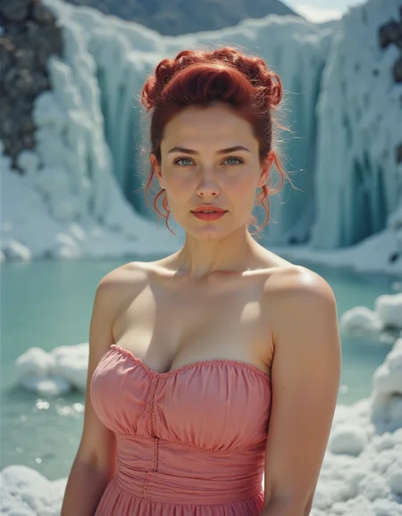 a voluptuous woman,Quiff haircut,Red,Special Occasion Strapless bridesmaid dress in a blush pink with a pleated bodice,niflheim icy realm in norse mythology,(masterpiece best quality ultra-detailed best shadow amazing realistic picture),Fujifilm Neopan 100,specular lighting,<lora:Pro-skin_epoch_10:1>