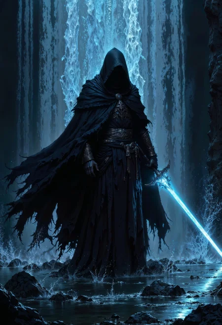 a mysterious, hooded figure standing in front of a cascading waterfall. The figure is clad in dark, tattered robes that blend seamlessly with the water, creating an ethereal effect. The face is obscured by the hood, adding to the enigmatic aura. The figure wields a glowing blue sword, which emits a luminescent light that contrasts with the dark surroundings. Water splashes dramatically around the figure, enhancing the dynamic and mystical atmosphere. The overall color palette is dominated by shades of blue and gray, emphasizing the otherworldly and powerful presence of the character.