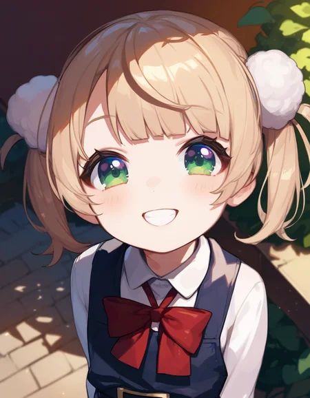 score_9,score_8_up,score_7_up,score_6_up BREAK official art,solo,outdoors,upper body,(portrait:1.5),looking at viewer,facing viewer,smile,aged down,child,shigure ui (vtuber),short hair,light brown hair,twintails,pom pom hair ornament,hair intakes,bangs,green eyes,school uniform,red bow,collared shirt,white shirt,long sleeves,belt,black dress,sleeveless dress,pleated dress,pinafore dress,flat chest,kneehighs,white socks,black footwear,uwabaki,<lora:Shigure Ui(vtuber)-Pony:1.4>,<lora:Smooth Anime Style LoRA XL:0.8>,