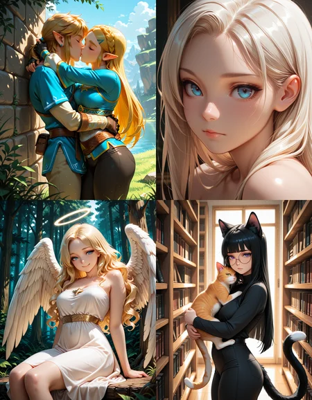 https://civitai.com/articles/8642 __ 1st image: masterpiece, best quality, 1girl, 1boy, princess zelda, the legend of zelda: breath of the wild, standing, kiss, hug, closed eyes, outdoors __ 2nd image: masterpiece, best quality, 1girl, face, portrait, looking at viewer, closed mouth __ 3rd image: masterpiece, best quality, 1girl, solo, blonde hair, wavy hair, angel, angel wings, halo, smile, sitting, forest, white dress __ 4th Image: masterpiece, best quality, 1girl, solo, long hair, black hair, blunt bangs, straight hair, round eyewear, cat girl, cat ears, cat tail, standing, hug, cat, looking at viewer, library