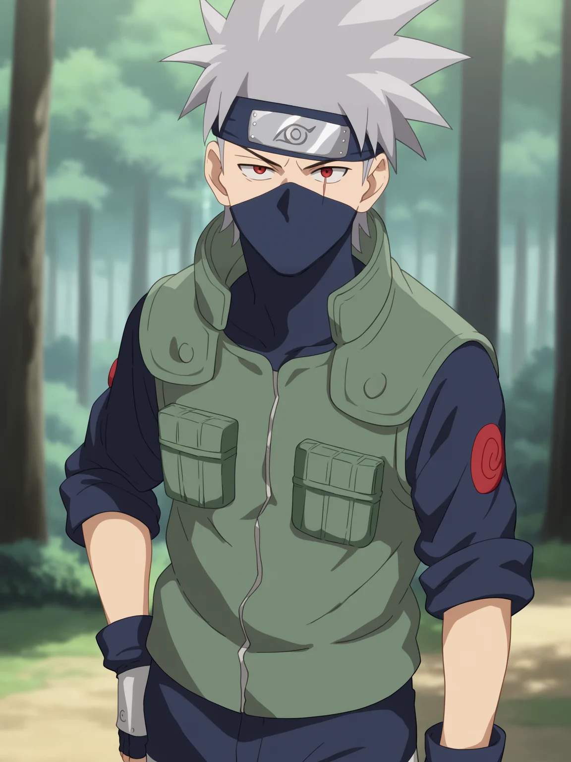 score_9, score_8_up,source_anime,
1boy, kakashi, grey hair, covered mouth, mouth mask, red eye, scar across eye, forehead protector, gloves, konohagakure symbol, mature, green vest, pants,
solo, looking at viewer, angry, standing, cowboy shot, outdoors, forest, anime screencap, anime coloring <lora:KakashiXL:1>