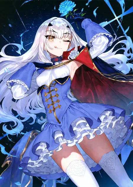 melusine \(second ascension) (fate\), fate/grand order,

1girl, forked eyebrows, brown eyes, yellow eyes, white hair, long hair, sidelocks, medium breasts, 

armpits, thighs, blue dress, layered dress, frills, white thighhighs, long sleeves, cape, gold trim, blue gloves,

holding flower, hand on own chest, winking \(animated\), one eye closed, licking lips,

perspective, dutch angle, abstract background, energy,
 
(choco \(chocolate shop\):0.7), (redrop:0.6), (wada arco:0.5),

(very awa, very aesthetic, masterpiece, best quality, highres, absurdres, :1.2)