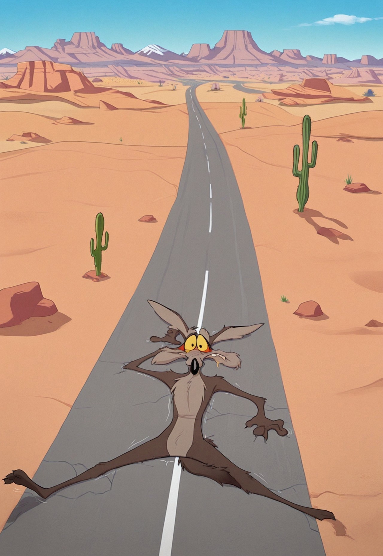 IllusP0s, ,desert,cactus,mountainous horizon, hot, road, Wec, paper thin, flattened, 