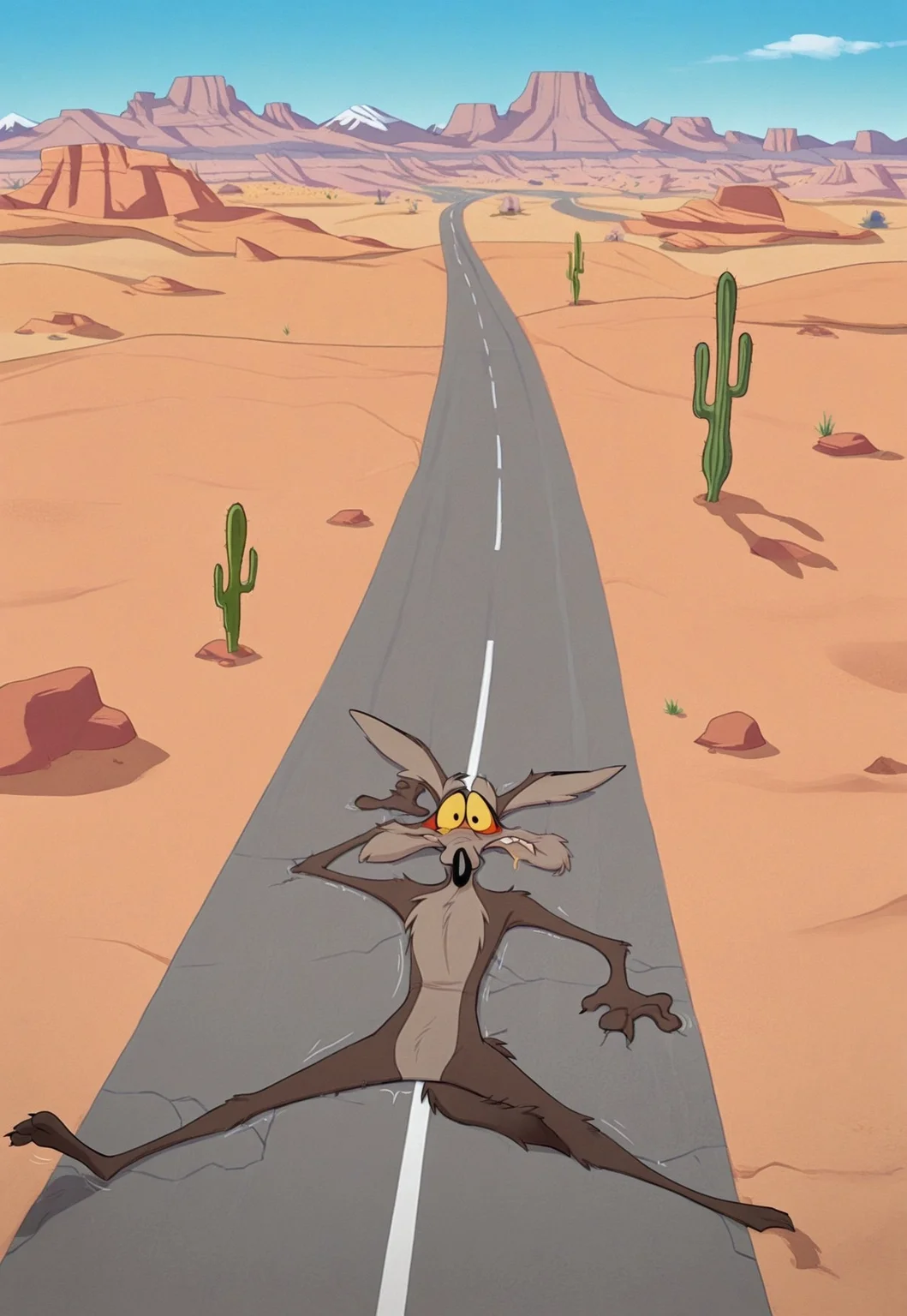 IllusP0s, ,desert,cactus,mountainous horizon, hot, road, Wec, paper thin, flattened,