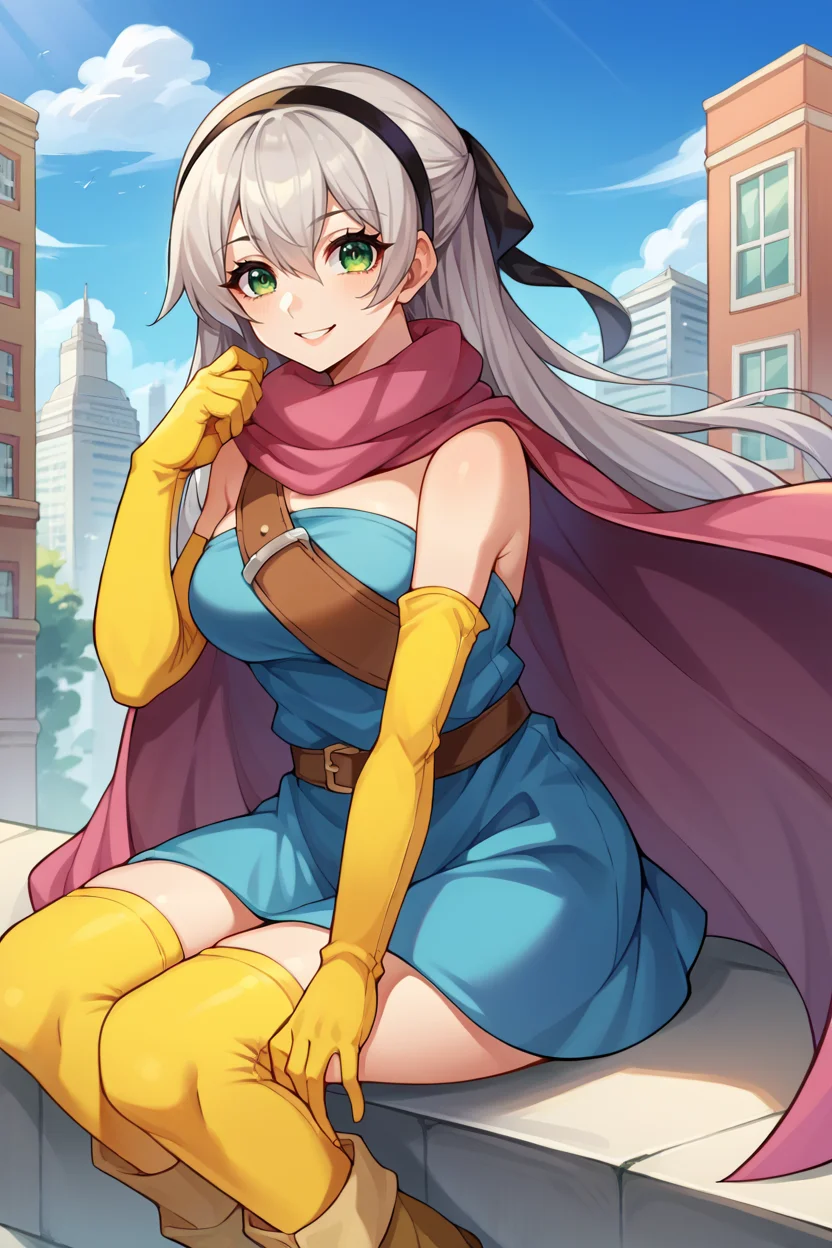 score_9, score_8_up, score_7_up, score_6_up, source_anime, BREAK 1girl, solo, <lora:dq3heroine-pdxl-nvwls-v1-000004:1> purple cape, blue dress, strapless dress, belt, elbow gloves, yellow thighhighs, boots <lora:elie-pdxl-nvwls-v1:0.8> zeroElie, black hairband, hair ribbon, long hair, grey hair, green eyes, city, blue sky, smile, looking at you