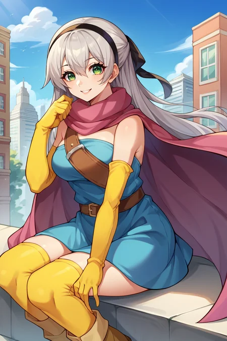 score_9, score_8_up, score_7_up, score_6_up, source_anime, BREAK 1girl, solo, <lora:dq3heroine-pdxl-nvwls-v1-000004:1> purple cape, blue dress, strapless dress, belt, elbow gloves, yellow thighhighs, boots <lora:elie-pdxl-nvwls-v1:0.8> zeroElie, black hairband, hair ribbon, long hair, grey hair, green eyes, city, blue sky, smile, looking at you