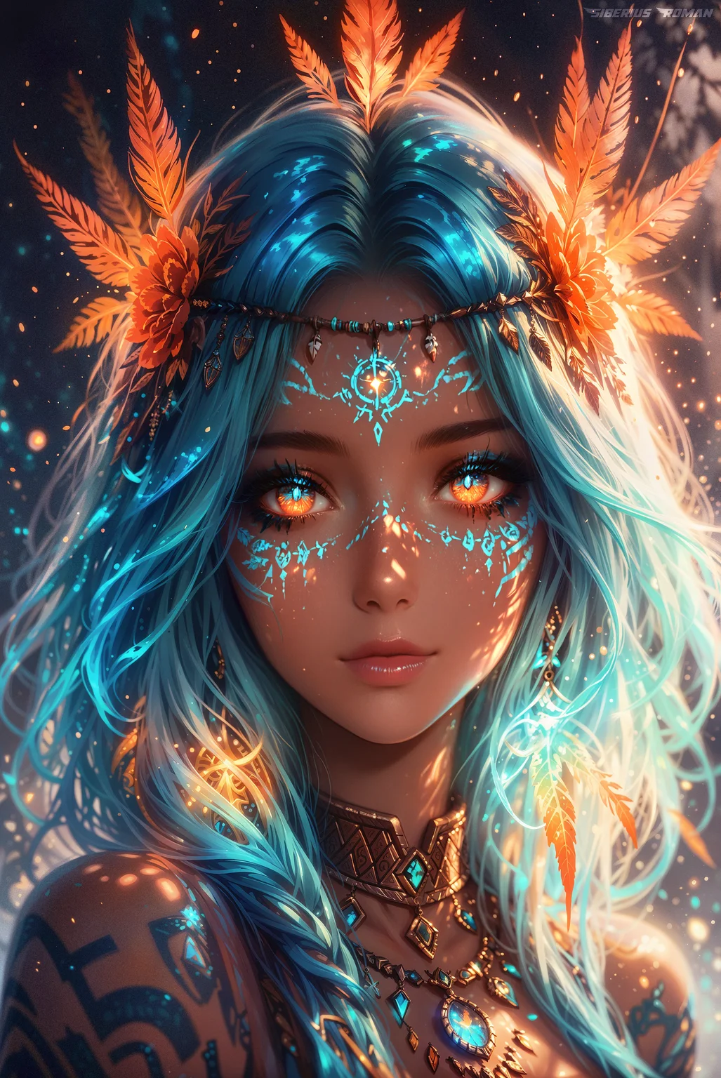 Masterpiece, Top Quality, Fantasy portrait, tribal goddess, intricate face paint, glowing blue patterns, ornate headdress, bioluminescent makeup, ethereal lighting, vibrant turquoise and orange, detailed jewelry, mystical atmosphere, digital art, high detail, surreal, otherworldly, luminous eyes, sacred geometry, futuristic tribal, iridescent, magical realism, 8k resolution