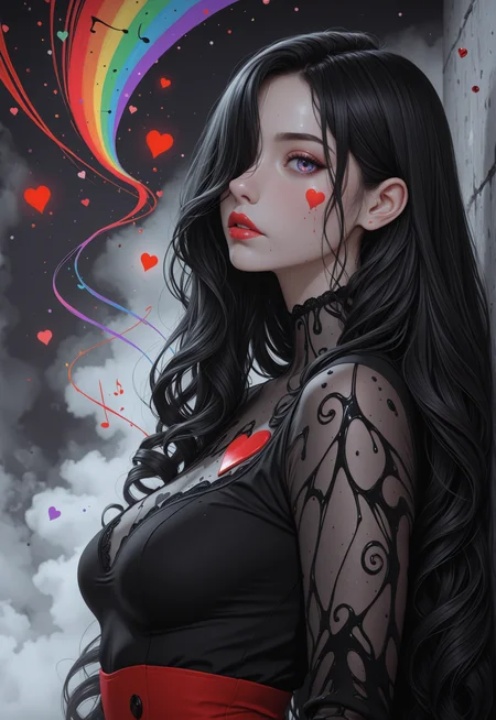 1girl, woman, adult, looking at viewer, queen of hearts,
high_quality, highres, detailed_eyes, detailed, masterpiece, best quality, absurdres, 8k, HDR, face_focus,
messy_lipstick,
long hair, straight hair, very long hair, extreme curly thin hair, hair over eye, bangs, hair behind ear,
saggy_breasts, small_breasts, small_waist,
upper body view, angle_soft_focus, dynamic view, side view,
ink, wall, fog,
rainbow colors, chromatic colors, gray, black, white, red, limited palette,
cosmic, floating hearts, floating music_notes, âª