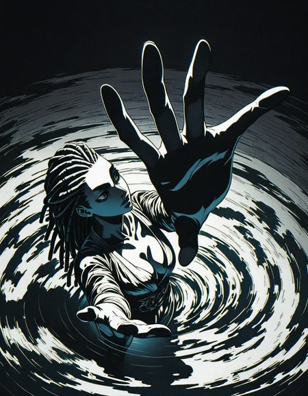 Silhouette style score_9, score_8_up, score_7_up, 80s-anime-ai, from above, 1girl, blind eyes, reaching, futuristic shaman, looking up, ritual robe, cleavage, dreadlocks, standing in water,  <lora:Xenotrip_v.2:1> xenotr1p, colored, purple theme, black theme,  <lora:43stl1ght1ngXLP2:0.7> 43stl1ght1ng, low light, dramatic lighting, darkness, spotlight, lensflare, lensleaks, (scanlines, chromatic aberration, grain, film grain:1.4) volumetric fog, light rays, godrays,  <lora:Pony_DetailV1.0:1> . High contrast, minimalistic, black and white, stark, dramatic