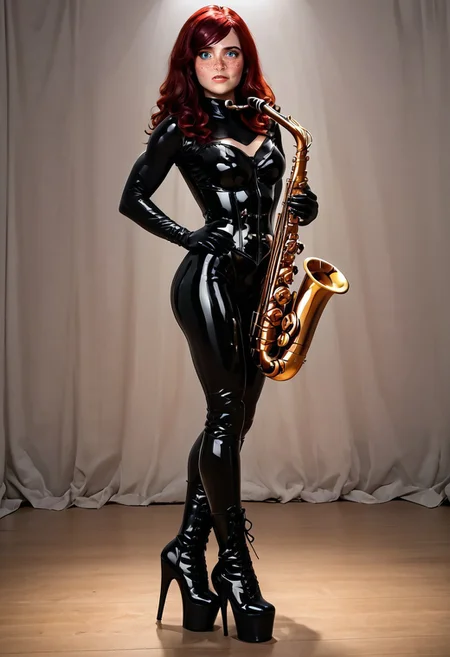 full body, 1girl, breathtaking slave_princess, (dramatic composition:1.1), (slave_procession:1.1), Kyla Cole,kyl4c0l3,<lora:Kyla_Cole:0.8>, slim figure, nicely outlined calf muscles, red-burgundy pronounced lips, theeth, aroused, passion, dark brown hair pigtail, swept bangs,, beautiful face, medium breasts, blue eyes, worried, Expressiveh, 24 year old girl, ((freckles)), , a cute young woman in a latex catsuit , glossy, shiny catsuit, heavy rubber corset, long latex gloves, fetish wear. lace up thigh high boots. hud_pl3aser_ad0re1020, black platform high heel ankle boots, stiletto heels, red hair. on stage, band, musician. full body, on stage in a metal band, holding saxophone, (((playing saxophone)))