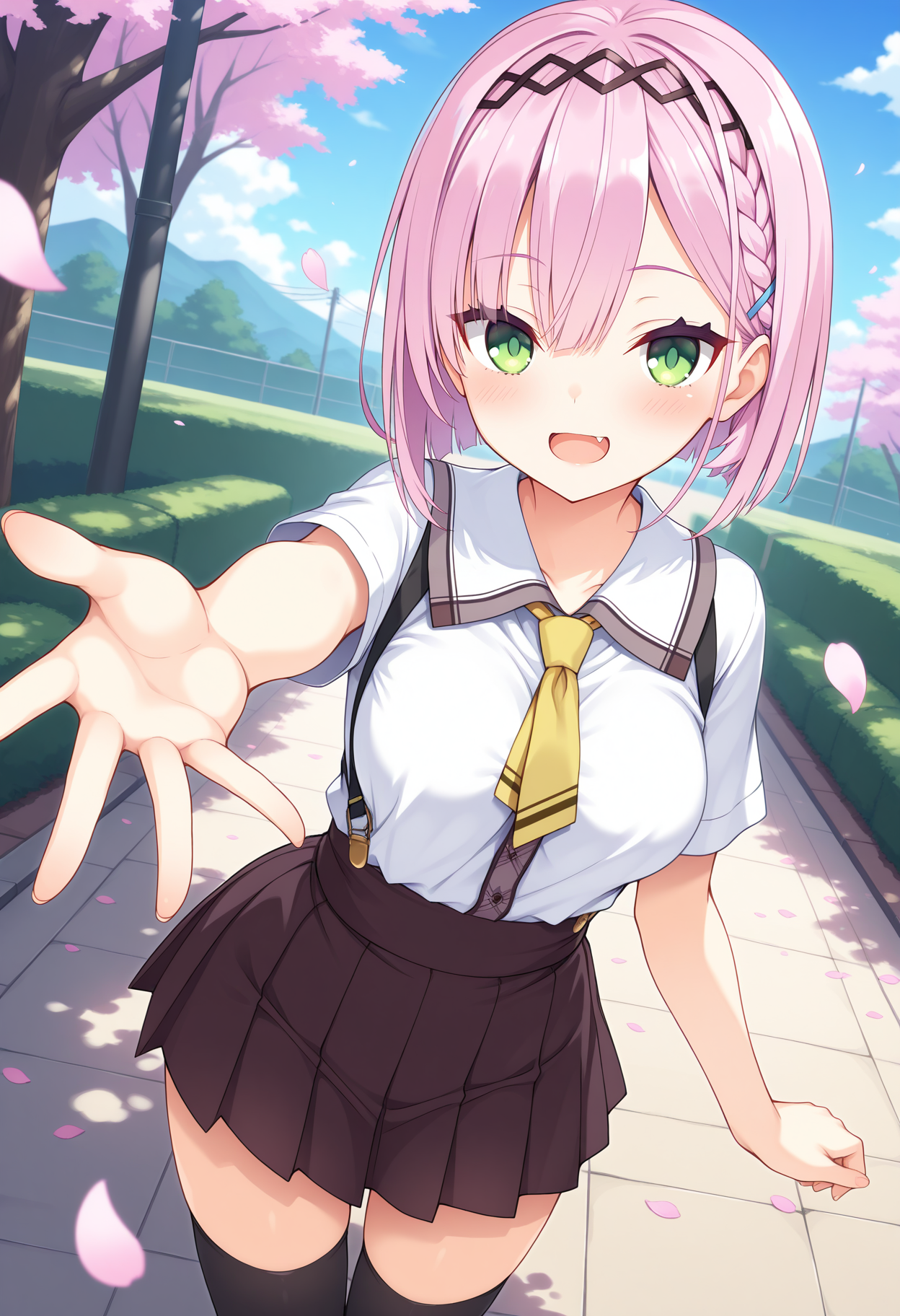 1girl, aaamane, pink hair, short hair, braid, hairband, hair ornament, hairclip, green eyes, fang, breasts, school uniform, yellow necktie, white shirt, short sleeves, suspender skirt, brown skirt, black thighhighs, <lora:tanikaze_amane_ilxl_v1:0.9>, standing, cowboy shot, outdoors, smile, open mouth, reaching, petals,
masterpiece, best quality, amazing quality,
