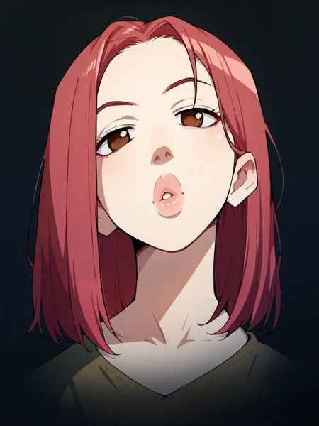 score_9, score_8_up, score_7_up, score_6_up, score_5_up, <lora:FLCLXLP:1> flcl, brown eyes, red hair, 1girl, black background, lips
