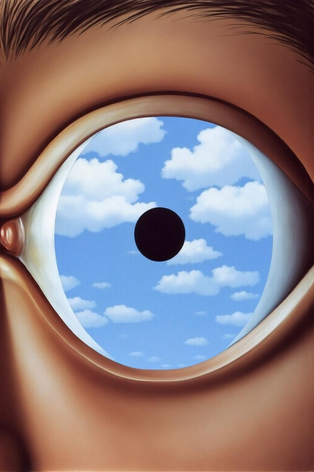 renemag1 painting.
A eye with the iris and pupil prominently displayed. The iris is transparent, with a blue sky with white clouds visible inside it. The pupil is a solid black circle. <lora:renemag1_cap_d6a3:1.0><lora:829552575360669551:0>