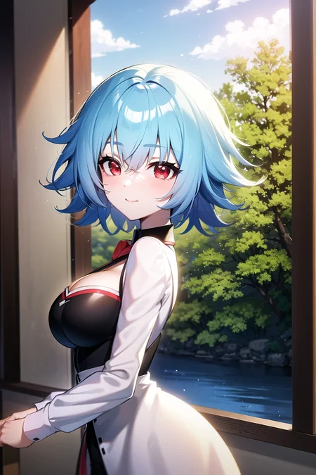 1girl,blue hair, short hair, red eyes, light blue hair, aqua hair,hair between eyes, sidelocks, short hair with long locks,bangs,hair flaps, messy hair,, classroom, open window, cherry blossoms, river