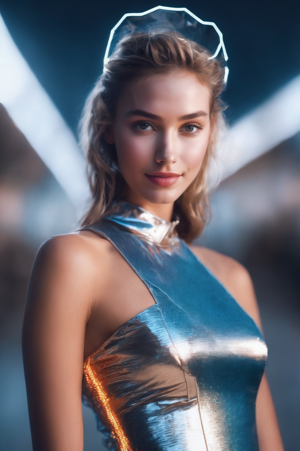 ((Masterpiece, best quality)),photography, detailed skin, realistic, photo-realistic, 8k, highly detailed, full length frame, High detail RAW color art, diffused soft lighting, shallow depth of field, sharp focus, hyperrealism, cinematic lighting,smiling,
edgFut_clothing, a woman dressed in a metallic dress ,wearing edgFut_clothing and [futuristic headpiece|visor] , neons, electric circuits,
 <lora:edgFuturisticXL:0.9>
