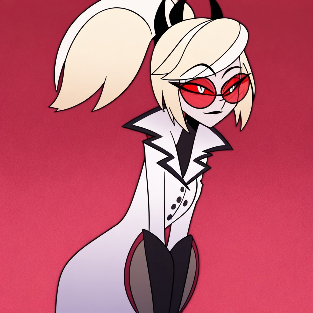 masterpiece, best quality, newest, absurdres, highres, HHp4ck-Style-V1.0, official style, 1girl, HHOVP-ODC.V1.0, blonde hair, white skin, red-tinted eyewear, glasses, red sclera, red-tinnted  colored sclera, white eyes, high ponytail, red glasses, hairband, hairband with horns, tied hair,