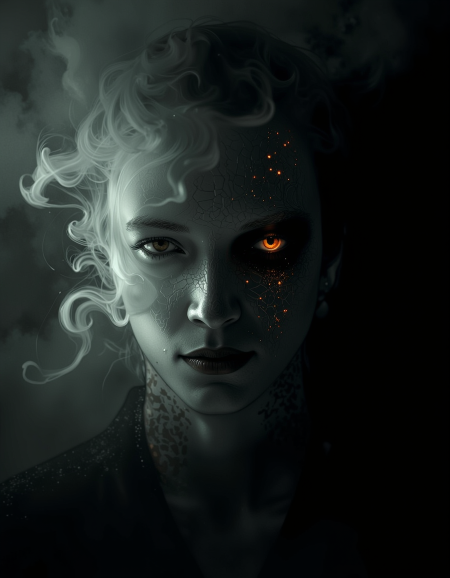 A cinematic photography.
a dipiction of a hantu iban, disintegrating and dissolving into swirling lines of fogg, smoke and particles blending with the black background, blending form with reality. Framed in thick volumetric fog. diffused light, delicatly, whispering, eye catching masterpiece artwork. drifting fog, cracked light and smokey haze in floating threads finishes the dreamlike reality.