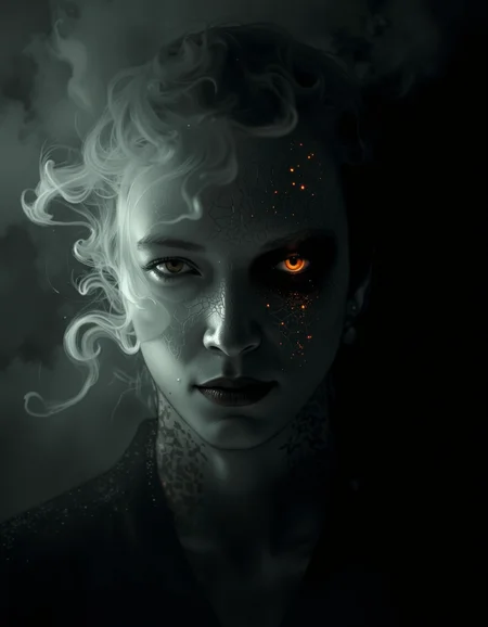 A cinematic photography.
a dipiction of a hantu iban, disintegrating and dissolving into swirling lines of fogg, smoke and particles blending with the black background, blending form with reality. Framed in thick volumetric fog. diffused light, delicatly, whispering, eye catching masterpiece artwork. drifting fog, cracked light and smokey haze in floating threads finishes the dreamlike reality.