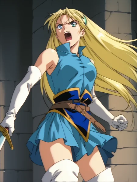score_9, score_8_up, score_7_up, <lora:words-worth-ponyxl-000009:1> sharon, crescent hair ornament, white elbow gloves, blue dress, bare shoulders, belt, faulds, thigh boots 1girl, solo, unsheathing, sword, open mouth, angry, castle