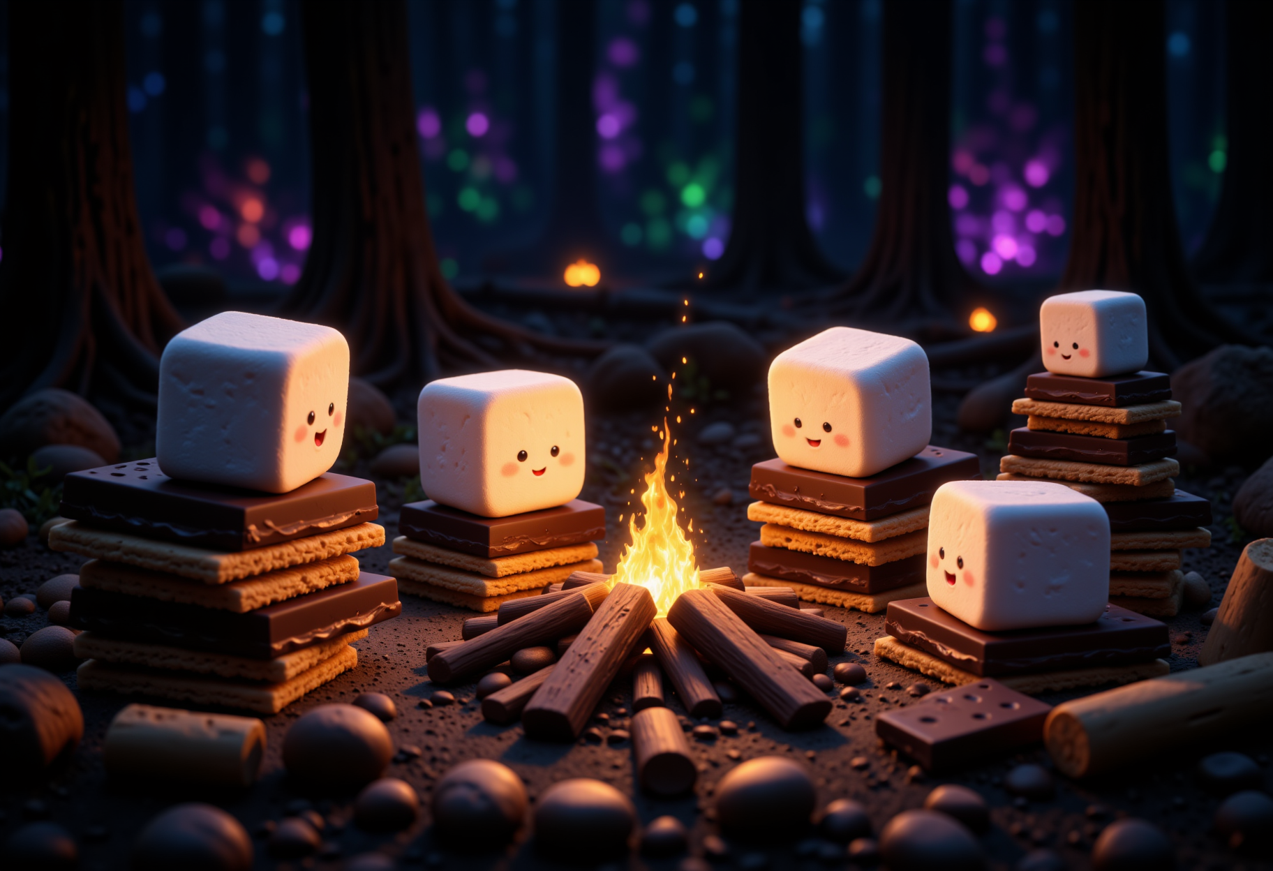 A group of cute animated marshmallows huddles around a camp fire warming themselves, dark forest background, each one of them is just one classic cylindrical marshmallow, they sit on stacks of melting chocolate bars and graham crackers, very dark background, colorful magical wisps of light can be seen in the distant forest, high contrast, aidmasoftglow , aidmaMJ6.1, aidmaHyperrealism<lora:MysticFantasydetailer:0.4> <lora:aidmaSoftGlow:0.8> <lora:aidmaHyperrealismv0.3:0.4> <lora:aidmaMJ6.1v0.4:0.4> <lora:FluxDFaeTasticDetails:0.4>