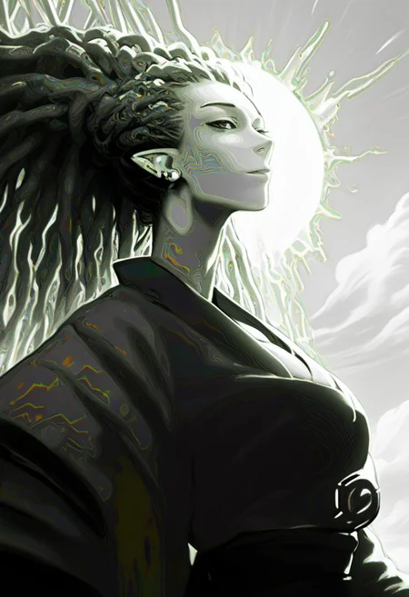 score_9, score_8_up, score_8, female, cel-shading, backlit, delicate features, very long hair, (dreadlocks), upper body, big breasts, techwear, cyborg, pointy elf ears, multiple ear piercings, techwear, dynamic pose, freckles, tan, colorvsgrey, monochrome, green glowing machine parts, hair oranments, kimono, electrical arcs,
