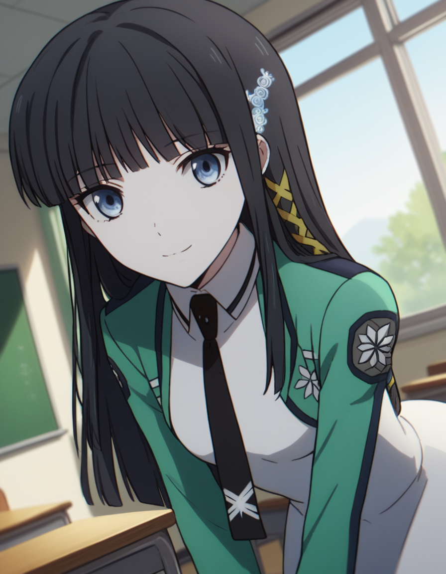 score_9, score_8_up, score_7_up, source_anime,
miyukishiba, <lora:miyuki-shiba-s2-ponyxl-lora-nochekaiser:1>,
miyuki shiba, long hair, blue eyes, black hair, hair ornament, ribbon, hair ribbon, snowflake hair ornament, bangs, blunt bangs,
long sleeves, dress, school uniform, pantyhose, necktie, white dress, black necktie,
indoors, classroom, bent over, smile,
solo, dutch angle, looking at viewer, cowboy shot,