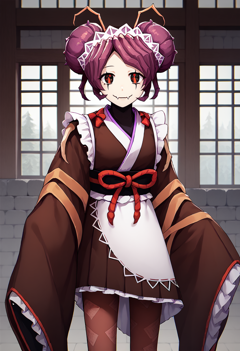 score_9, score_8_up, score_7_up, source_anime, solo, 1girl, entomazeta, monster girl, arthropod girl, skin fangs, smile, looking at viewer, standing, purple hair, double bun, maid headdress, antennae, japanese clothes, ofuda on clothes, frills, brown kimono, sleeves past fingers, wide sleeves, sash, obi, white apron, brown pantyhose, indoors, stone wall <lora:ol_entomazeta_ponyXL:1>