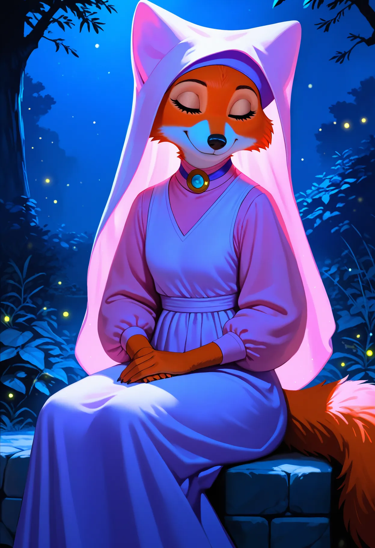 masterpiece, best quality, newest, absurdres, highres, safe, beautiful lighting, detailed, realistic, BREAK,
1girl, solo, marianc, female, orange fur, closed eyes, black nose, tail, soft lighting, sitting, stone wall, fox, smile, mouth closed, pink wimple, purple dressc, pink chemisec, night, fireflies, from front, wimple, sparkles,
, <lora:Marian_v10Noob3-9s96:0.8>    <lora:noobai_ep11_stabilizer_v0.138_fp16:0.8>