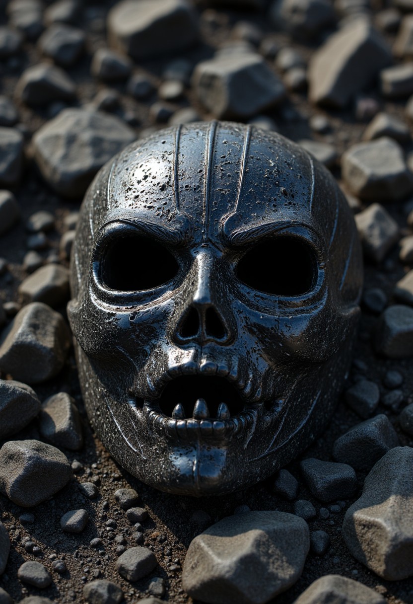 A cursed mask, carved from smooth obsidian and utterly featureless except for two narrow slits where eyes should be, rests upon the skeletal remains of a warrior kneeling in the center of a ritual circle. The ground around the remains is scorched, forming a perfect ring of ash where nothing has grown for centuries. The mask itself is impossibly cold to the touch, and when held up to the light, reflections of battles never fought dance across its surface, their outcomes unknown.
   , aidmamjv7, aidmaHyperrealism